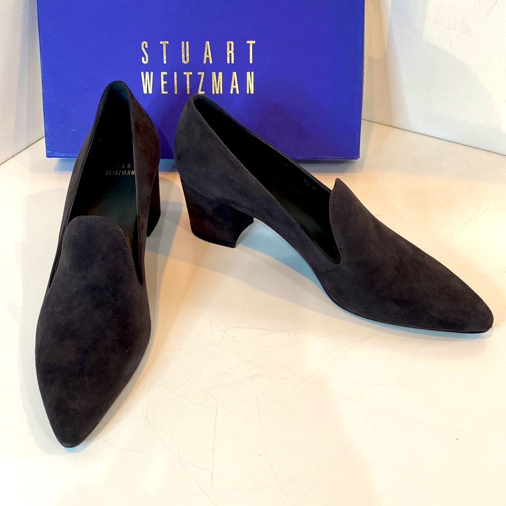 Stuart Weitzman Charcoal Suede Block Heel Pointed Toe Pumps Narrow 8.5N NIB